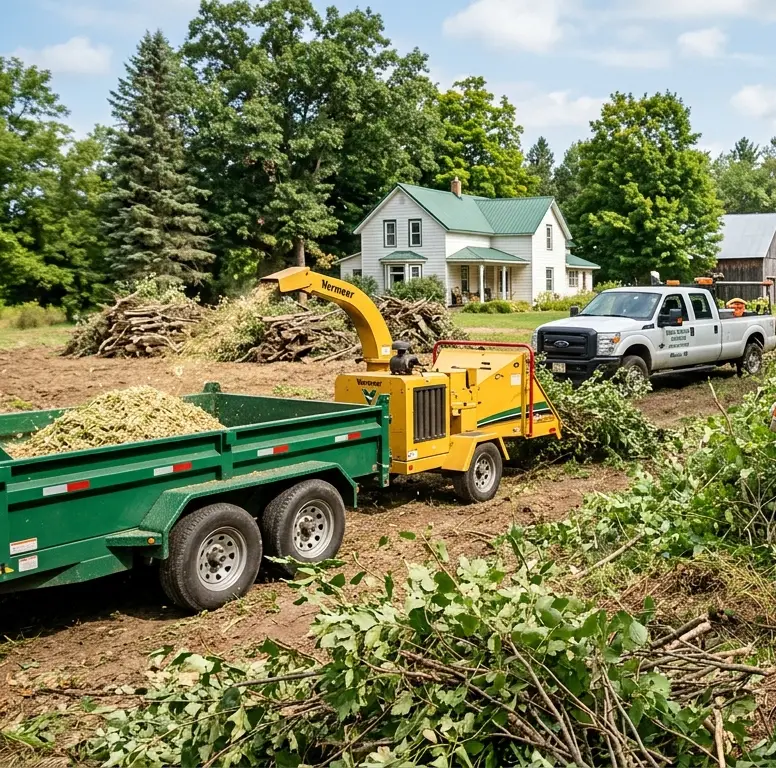 A wood chipper chipping brush into a trailer